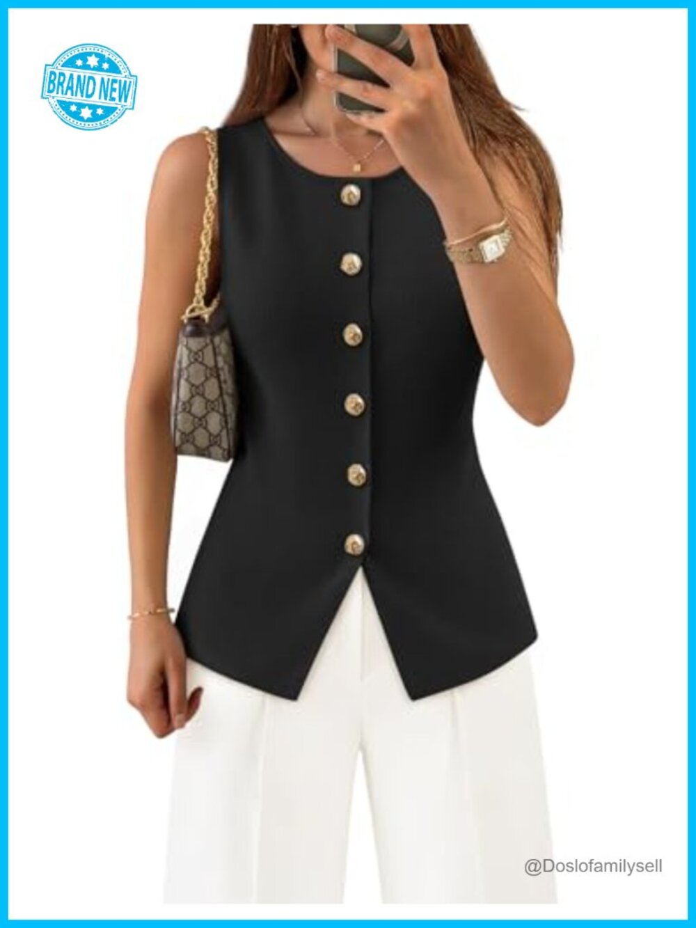 Sleeveless Sweater Vest with Metallic Buttons Business Casual